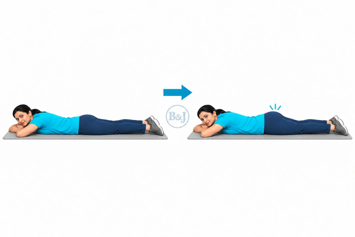 Lying on the front, buttock squeeze
